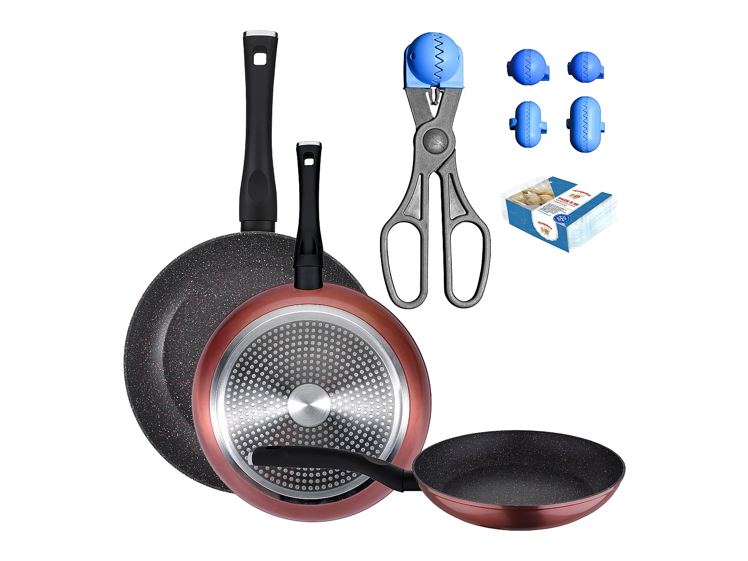 Pack de 3 casseroles ø20 / 24 et 28 cm + ustensile polyvalent pour croquettes avec 4 moules et 20 plateaux de rangement