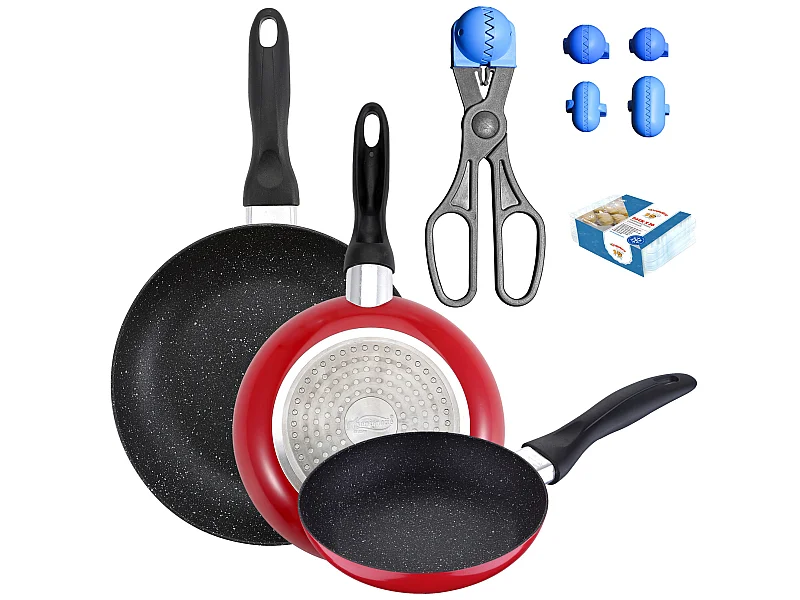 Pack de 3 casseroles couverts ø16cm ø20cm ø24cm + ustensile multi-utilisations avec 4 moules interchangeables + 20 plateaux de conservation