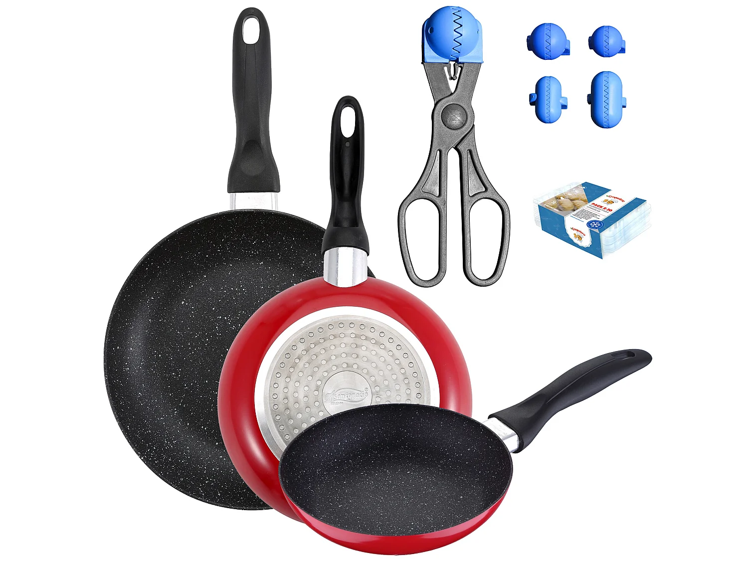 Pack de 3 casseroles couverts ø16cm ø20cm ø24cm + ustensile multi-utilisations avec 4 moules interchangeables + 20 plateaux de conservation