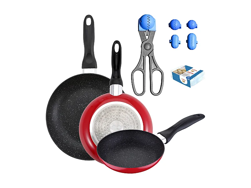 Pack de 3 casseroles couverts ø16cm ø20cm ø24cm + ustensile multi-utilisations avec 4 moules interchangeables + 20 plateaux de conservation