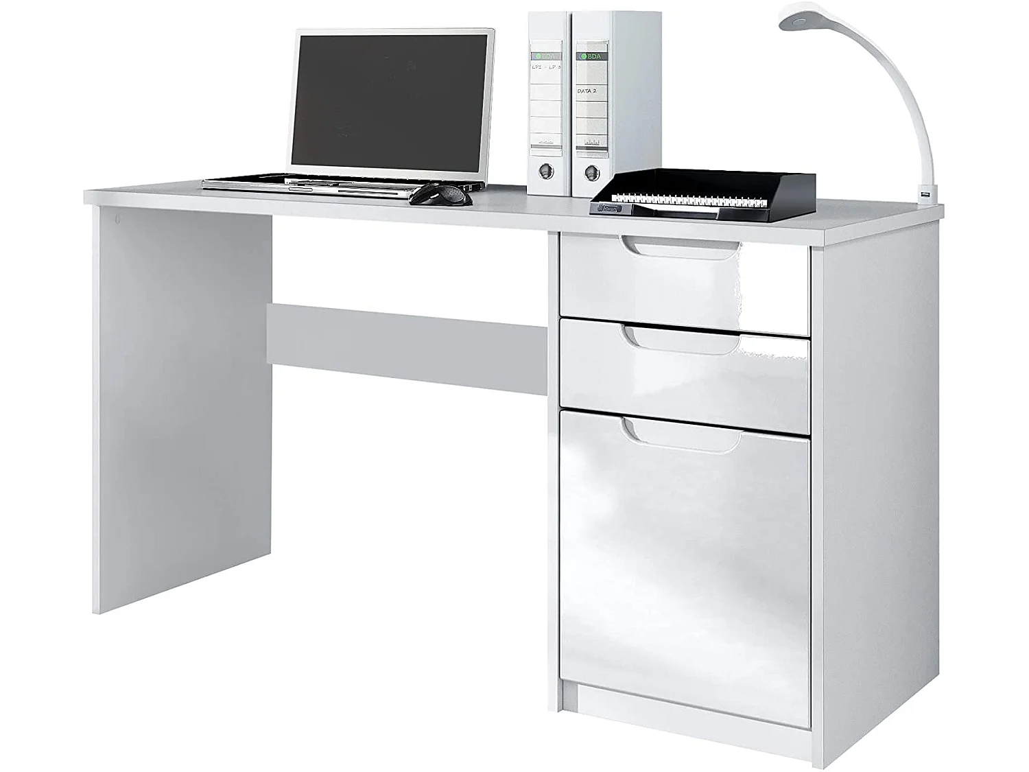 Bureau avec 2 tiroirs et d’une porte, blanc mat/blanc haute brillance (129 x 76 x 60 cm)