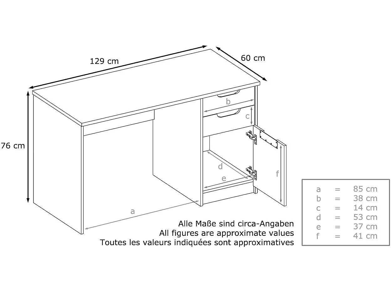Bureau avec 2 tiroirs et d’une porte, blanc mat/blanc haute brillance (129 x 76 x 60 cm)