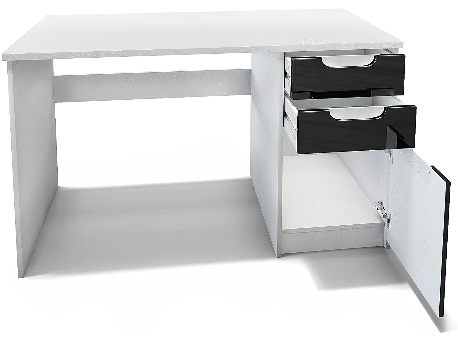 Bureau avec 2 tiroirs et d’une porte, blanc mat/blanc haute brillance (129 x 76 x 60 cm)