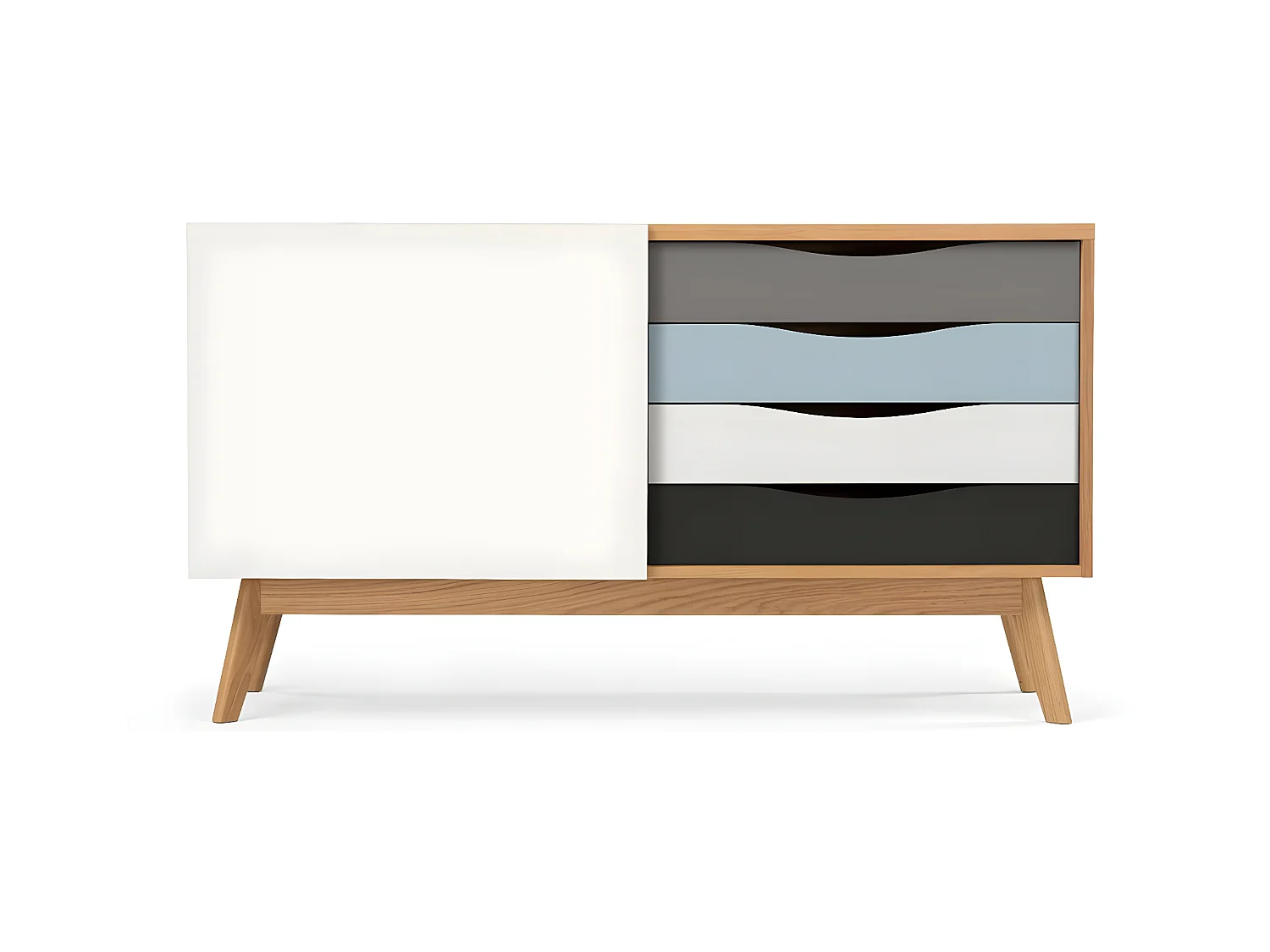 Buffet 4 tiroirs & 1 porte "Avon" 128cm Chêne & Bleu
