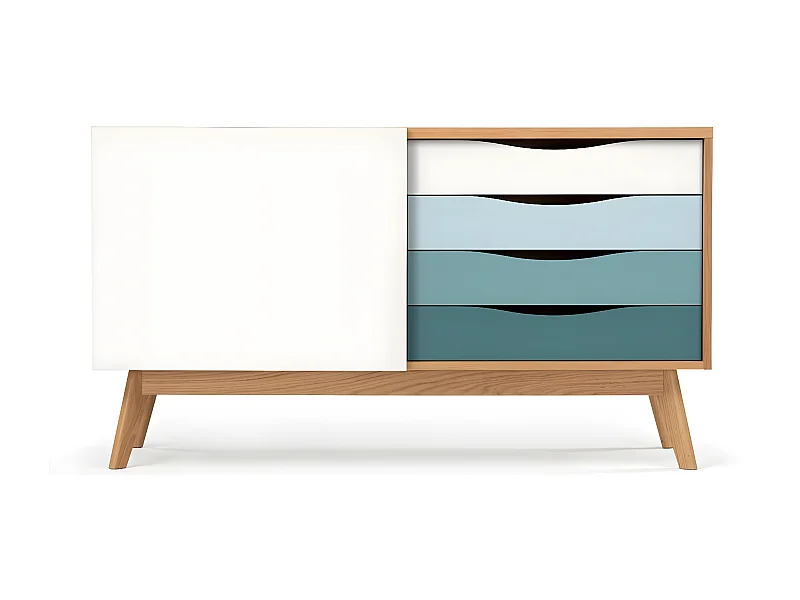 Buffet 4 tiroirs & 1 porte "Avon" 128cm Chêne & Turquoise