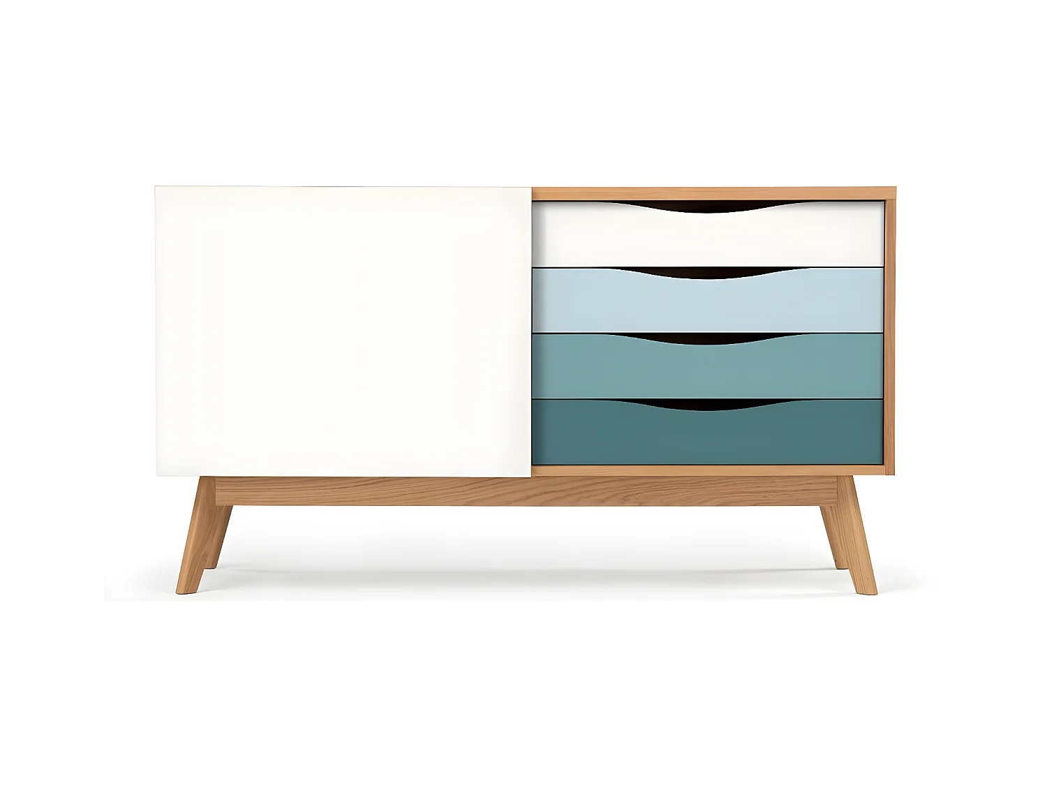 Buffet 4 tiroirs & 1 porte "Avon" 128cm Chêne & Turquoise