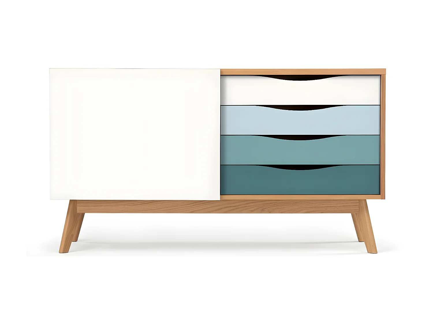 Buffet 4 tiroirs & 1 porte "Avon" 128cm Chêne & Turquoise