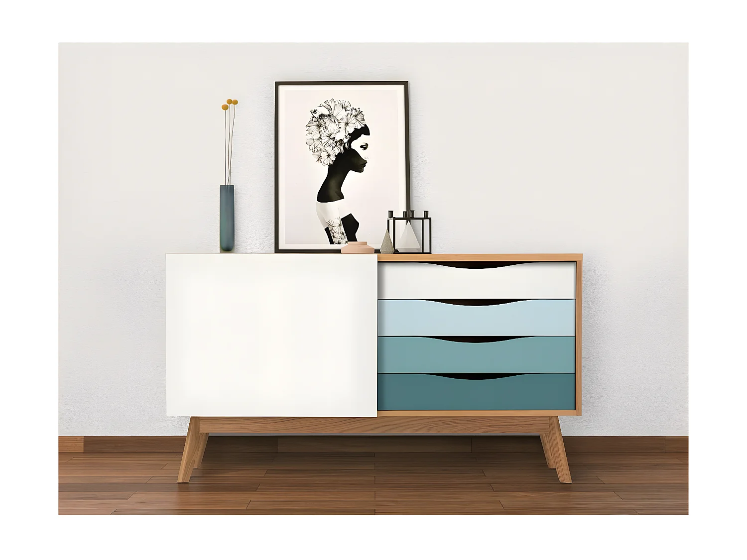 Buffet 4 tiroirs & 1 porte "Avon" 128cm Chêne & Turquoise