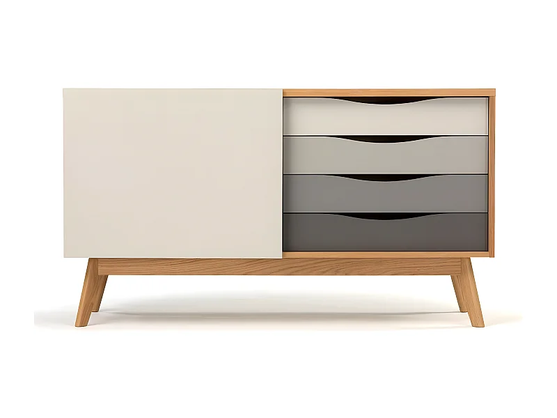 Buffet 4 tiroirs & 1 porte "Avon" 128cm Chêne & Gris