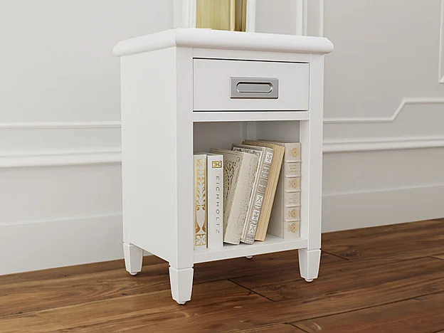 Table de chevet - 1 tiroir et 1 niche - Pin - Blanc - GUERANDE