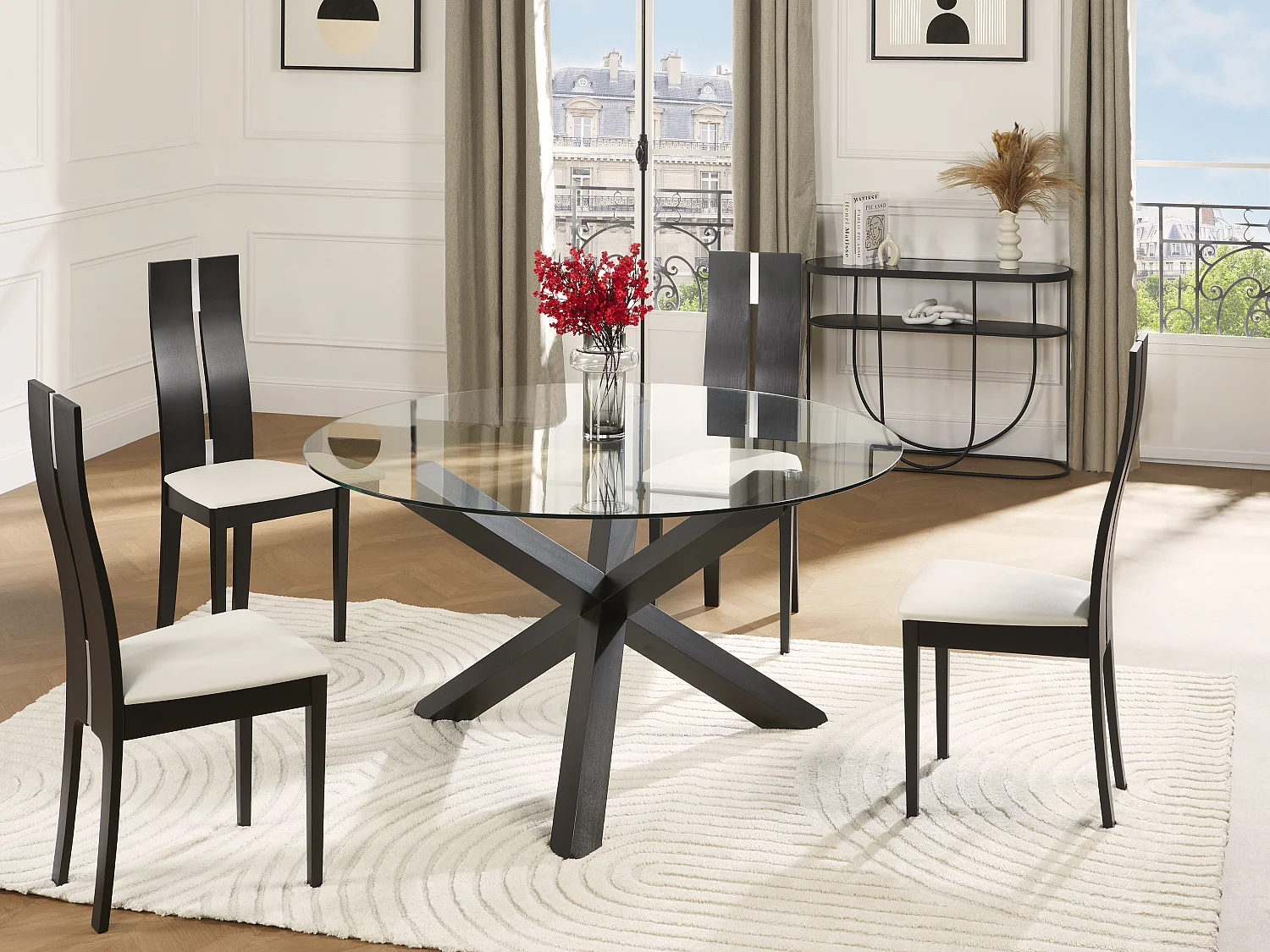 Table à manger CENTAURI - 4 personnes - Bois et verre trempé