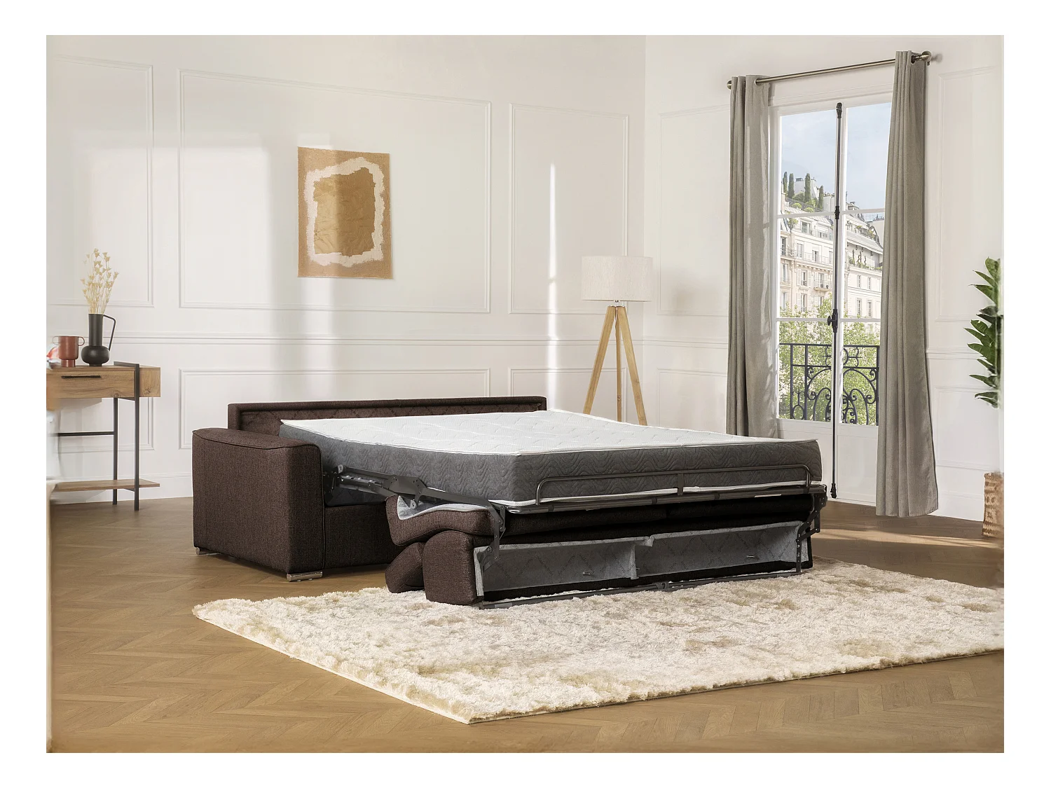 Driezits-express-slaapbank van donkerbruine stof - Bed van 140 cm - Matras 16 cm schuim met vormgeheugen VIZIR
