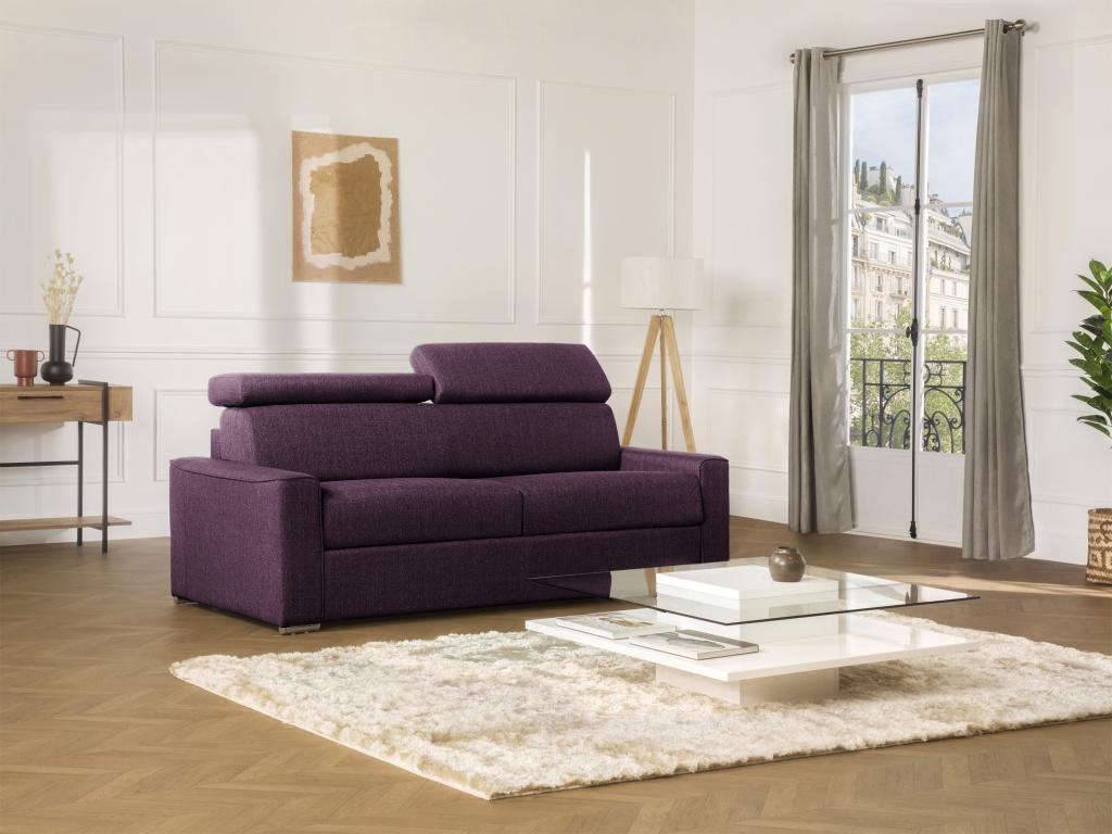Canapé 3 places convertible express en tissu violet - couchage lattes larges 140 cm - Matelas 16 cm avec mémoire de forme VIZIR
