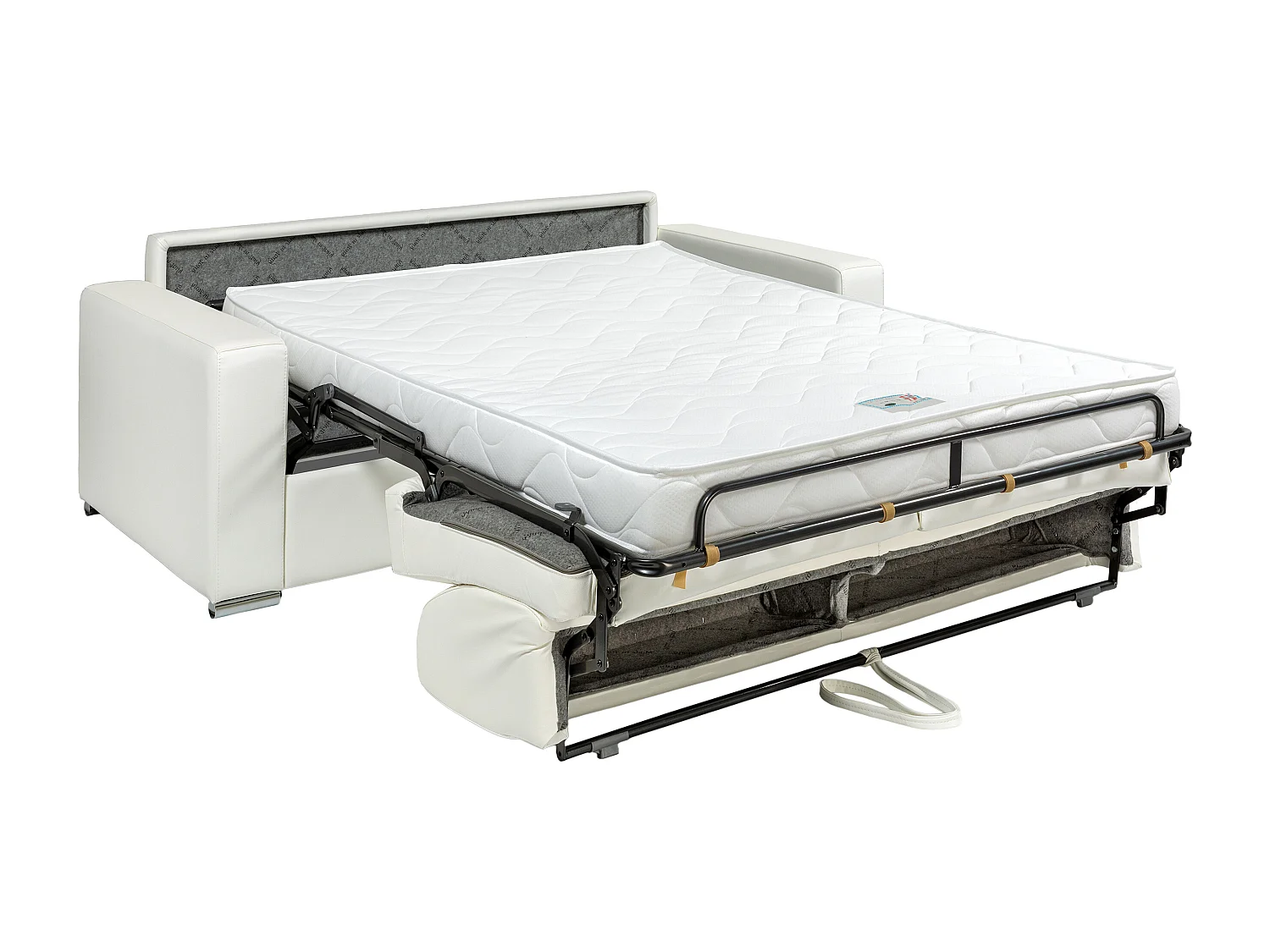 Snel omgebouwde slaapbank met 2 plaatsen in wit kunstleer - Bed van 120 cm met brede latten - Matras 14 cm met geheugenschuim CALITO