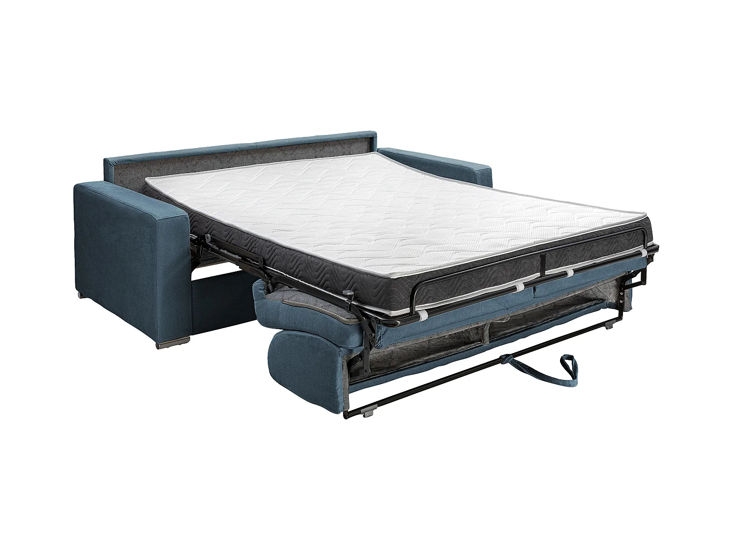 Canapé 2 places convertible express en tissu bleu - Couchage lattes larges 120 cm - Matelas 14 cm avec mémoire de forme CALITO