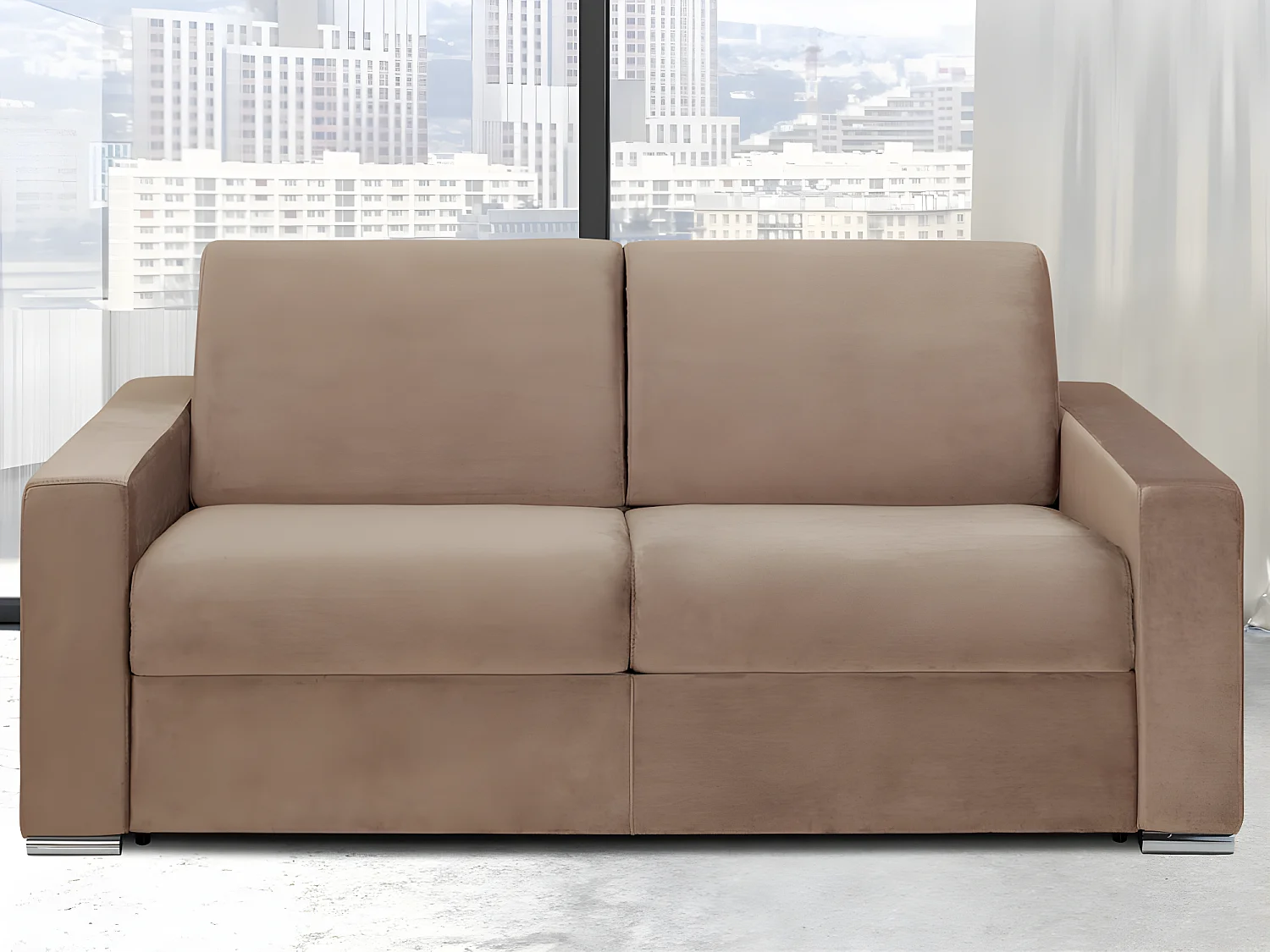 Snel omgebouwde slaapbank met 2 plaatsen in beige fluweel - Bed van 120 cm met brede latten - Matras van 14 cm met geheugenschuim CALITO