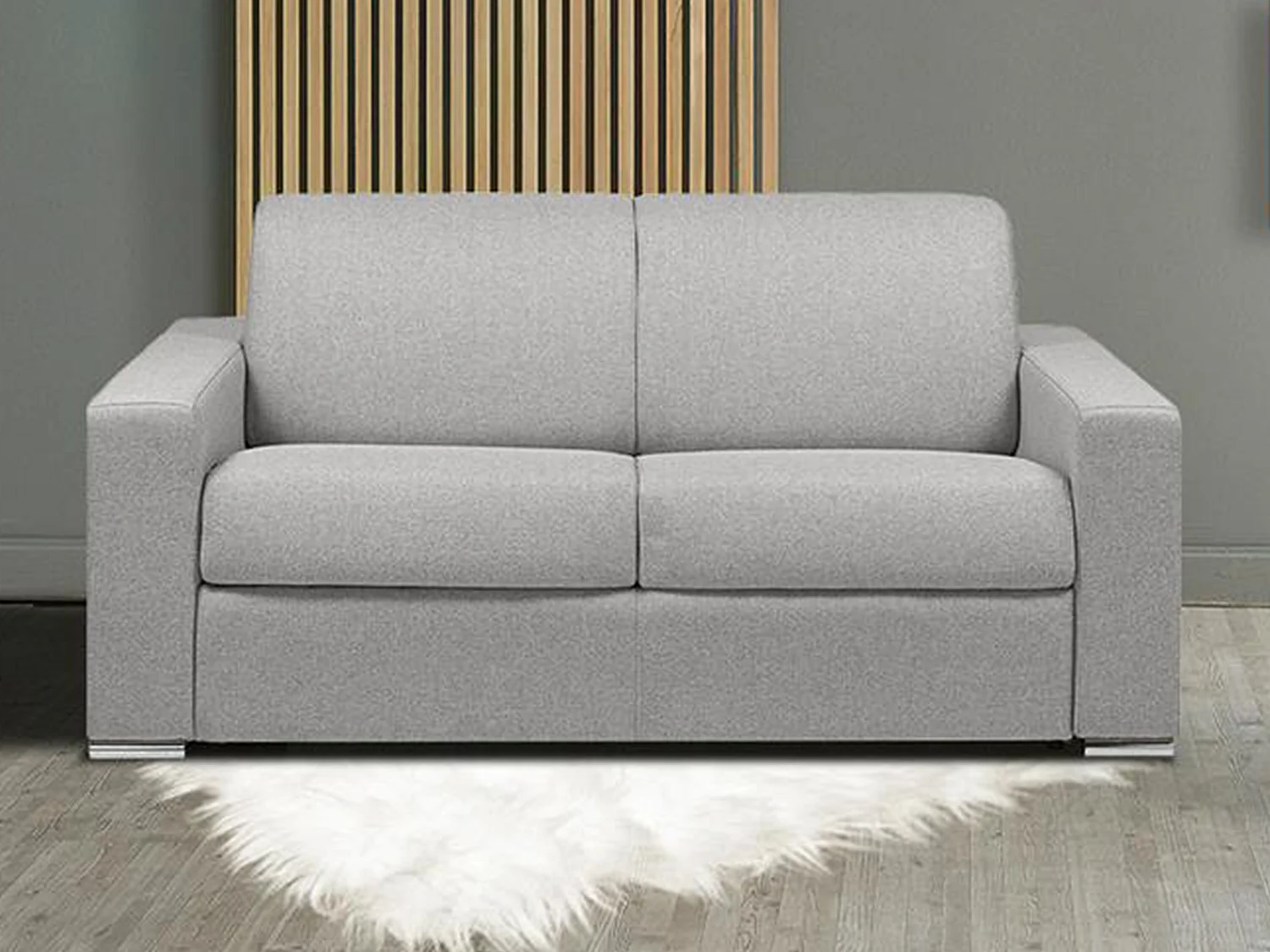 Canapé 2 places convertible express en tissu gris - Couchage lattes larges 120 cm - Matelas 18 cm avec mémoire de forme CALITO