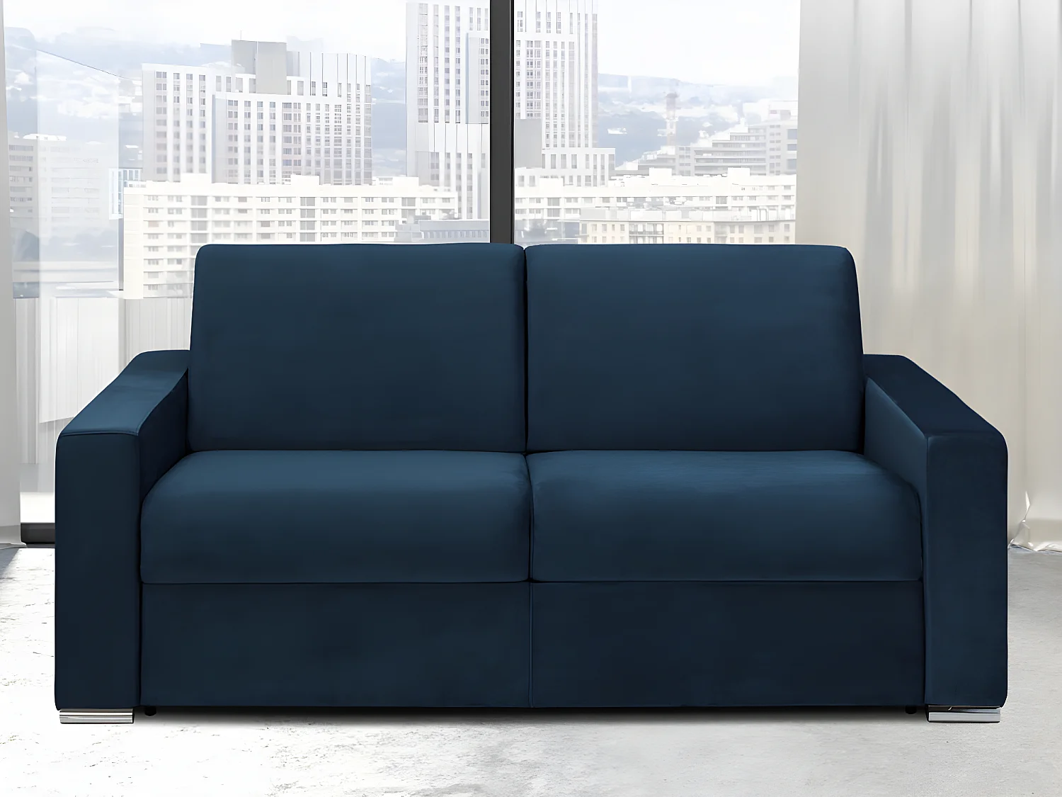 Canapé 2 places convertible express en velours bleu nuit - Couchage lattes larges 120 cm - Matelas 18 cm avec mémoire de forme CALITO