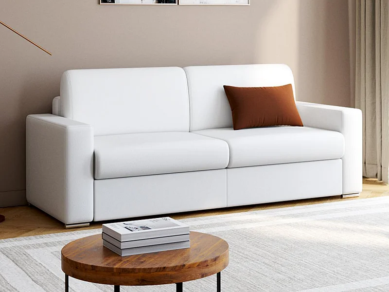 Snel omgebouwde slaapbank met 4 plaatsen in wit kunstleer - Bed van 160 cm - Matras 14 cm met geheugenschuim CALITO