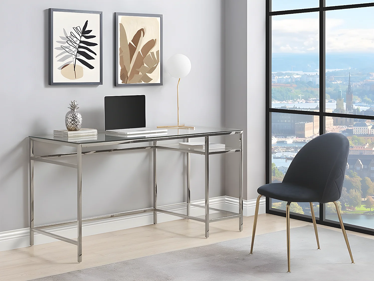Bureau avec 2 étagères - Verre trempé et acier - Argent - TIZIO de Pascal Morabito