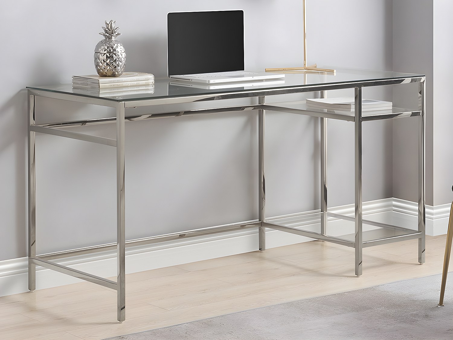Skrivebord med 2 hyller - Herdet glass og stål - Sølv - TIZIO av Pascal Morabito