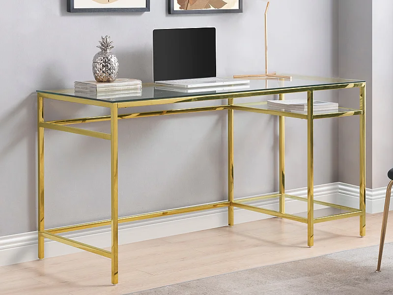 Bureau avec 2 étagères - Verre trempé et acier - Doré - TIZIO de Pascal Morabito