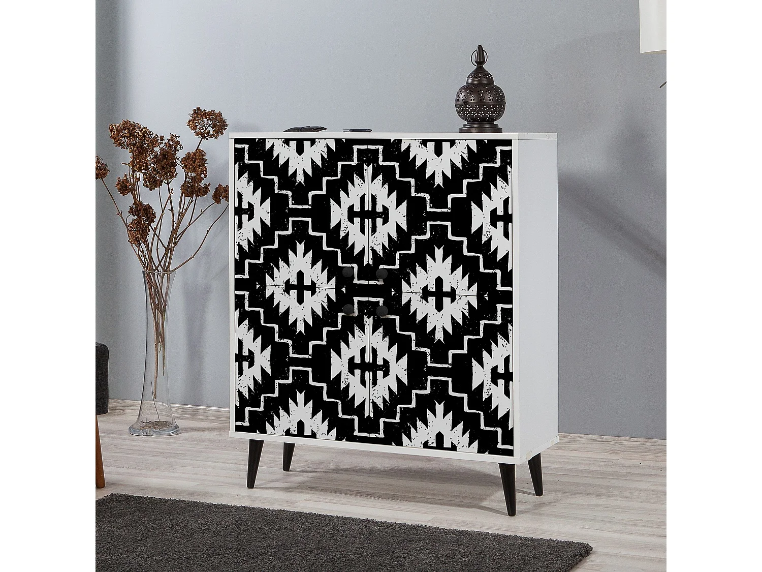 Buffet bas Esdela L95xH111cm Motif Berbère Noir et Blanc