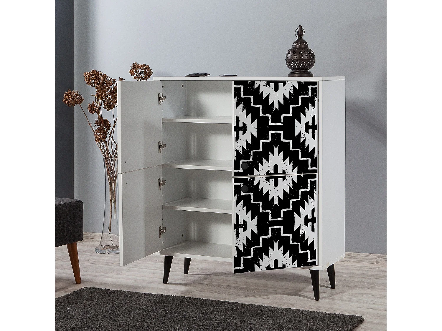 Buffet bas Esdela L95xH111cm Motif Berbère Noir et Blanc