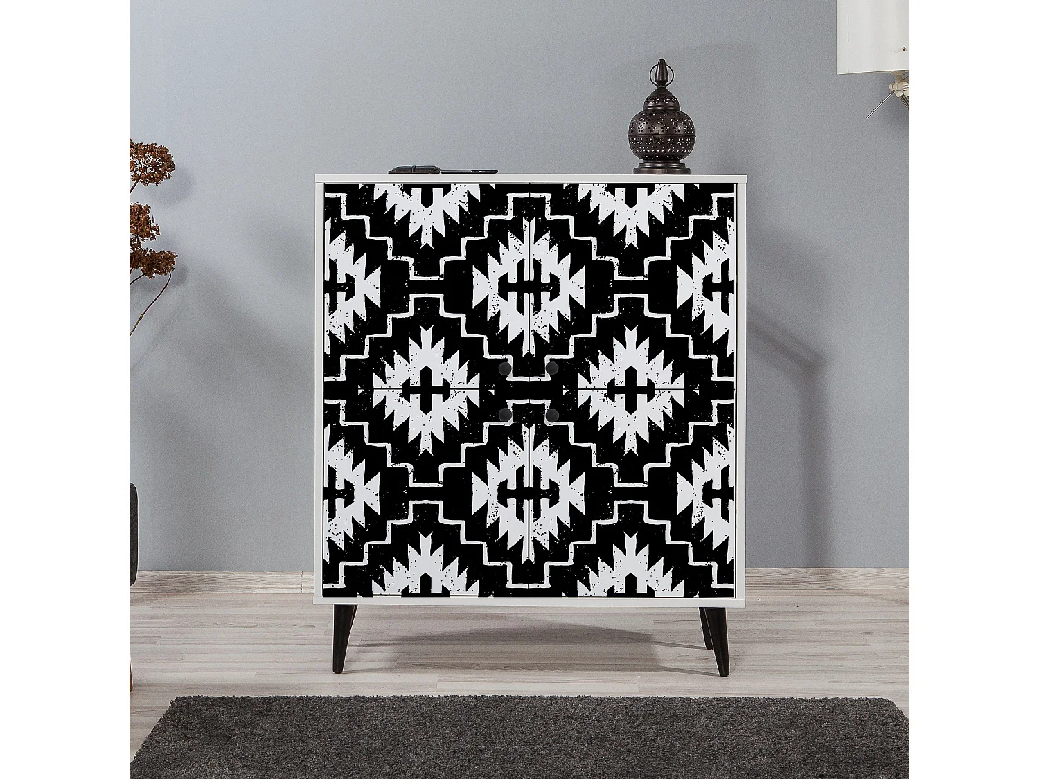 Buffet bas Esdela L95xH111cm Motif Berbère Noir et Blanc