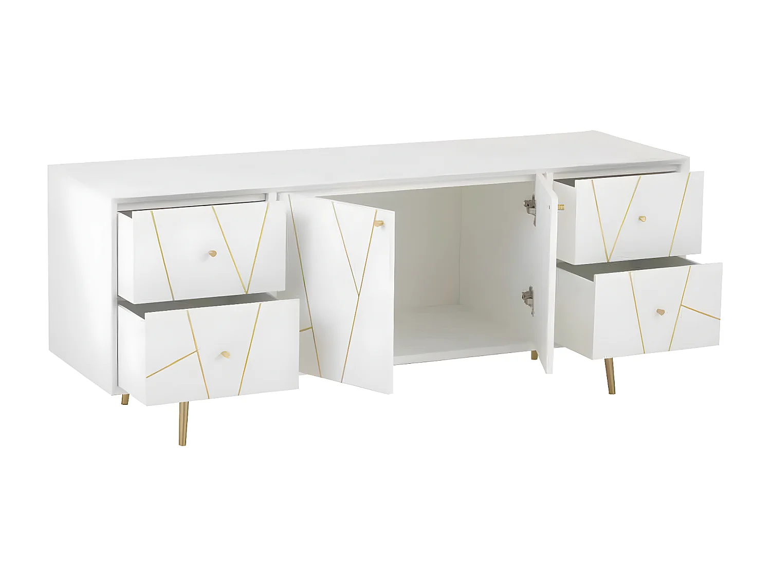 Buffet 4 Tiroirs & 2 Portes "Remina" 150cm Blanc & Or