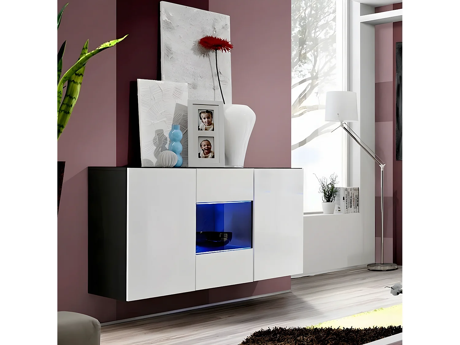 Buffet 3 Portes Mural "Fly III" 120cm Blanc & Noir