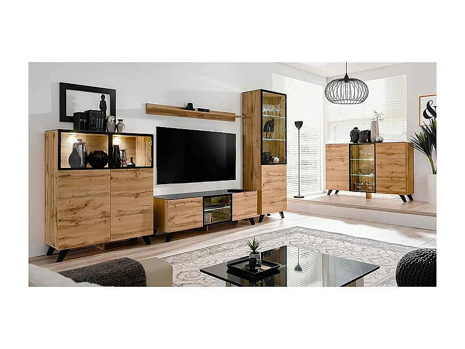 Buffet 3 Portes LED "Thin" 150cm Noir & Naturel