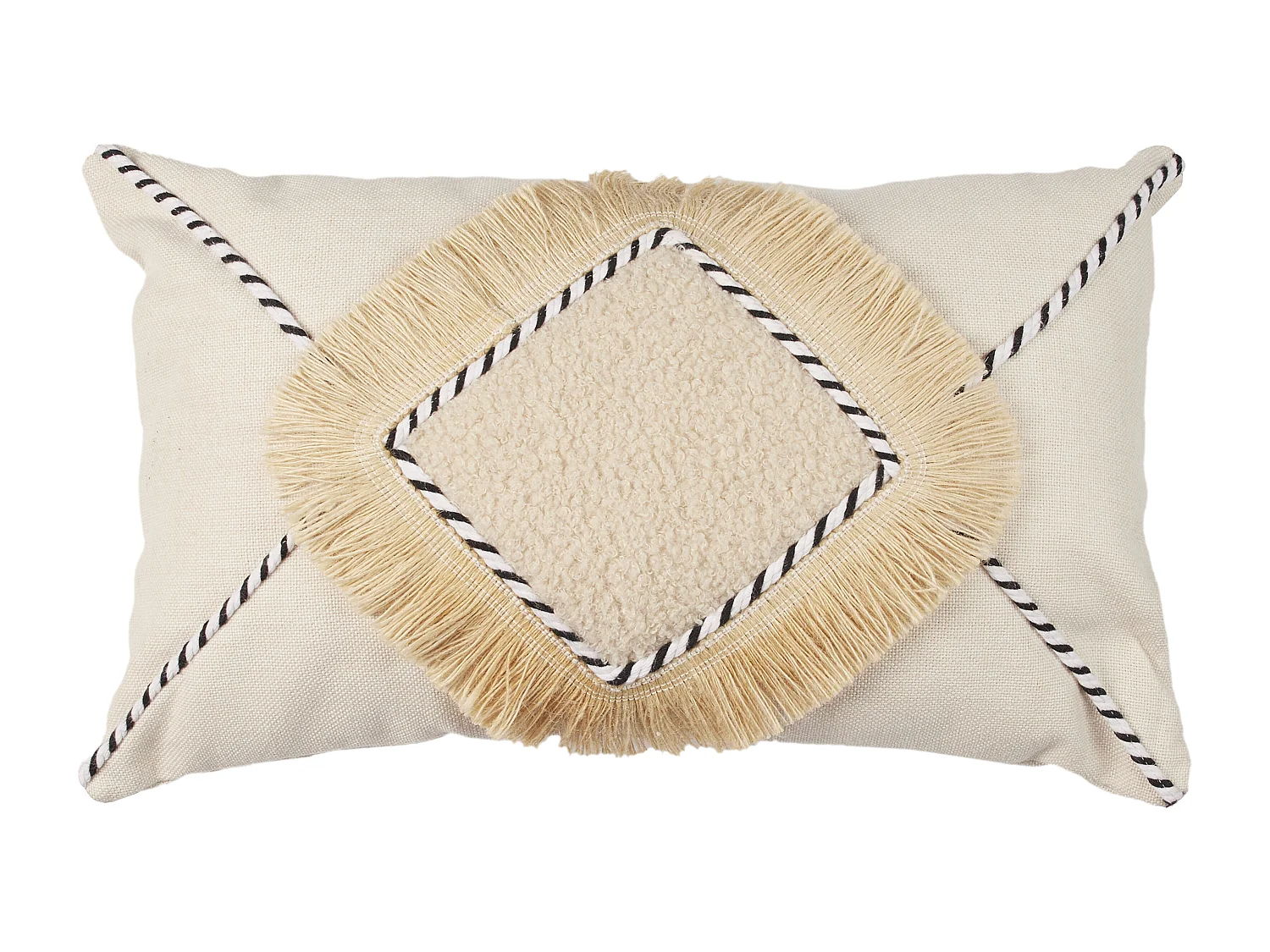 Coussin Beige Et Blanc Frange Pompons 30x50cm Beige