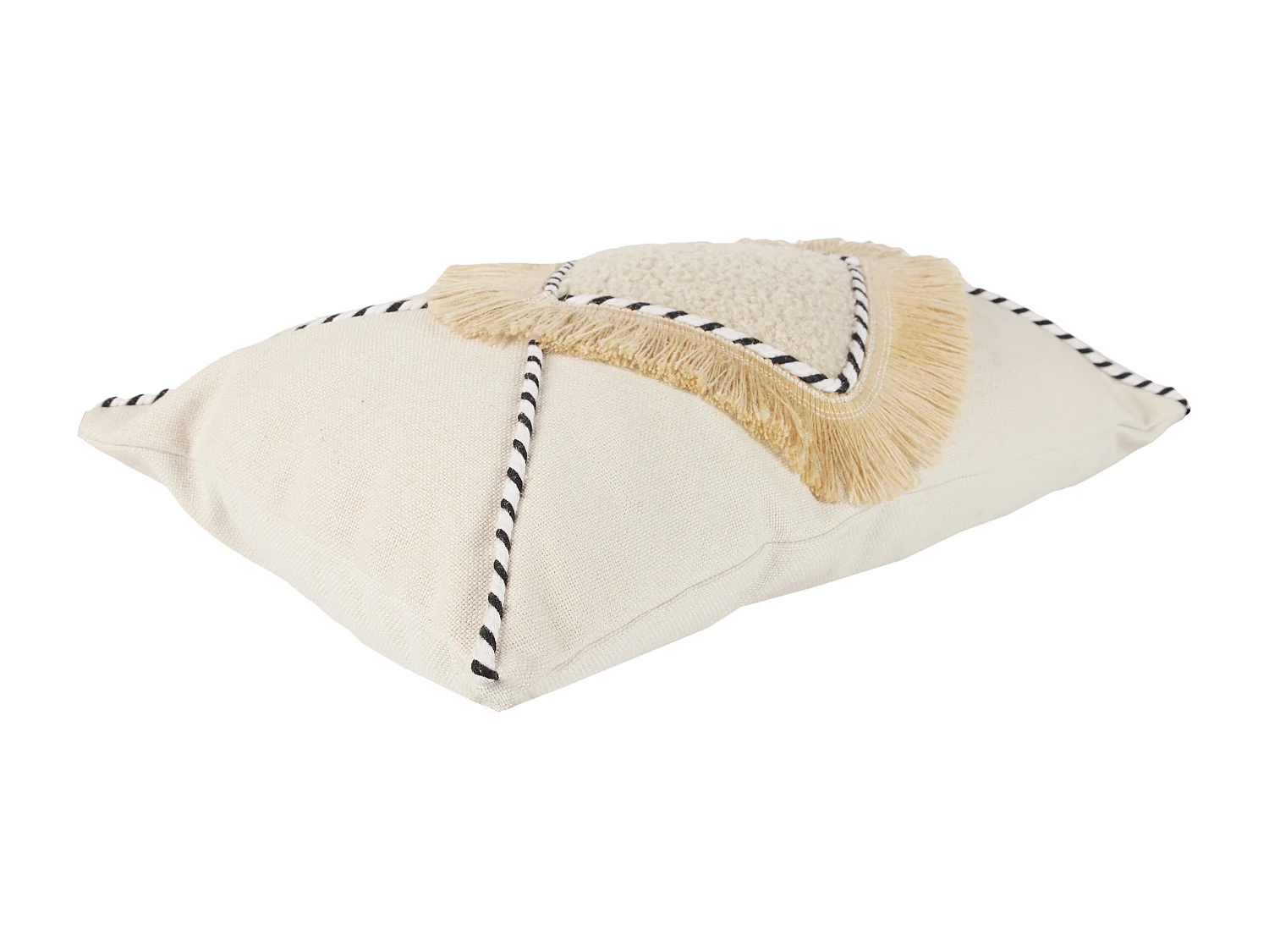 Coussin Beige Et Blanc Frange Pompons 30x50cm Beige