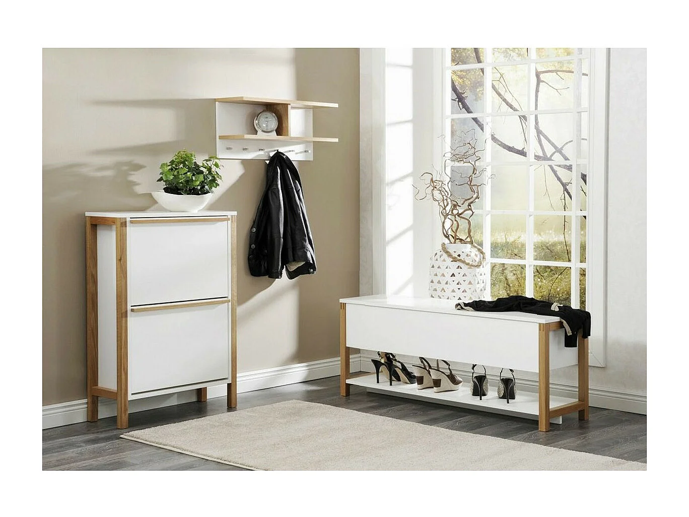 Banc de Rangement Design "Northgate" 120cm Chêne & Blanc