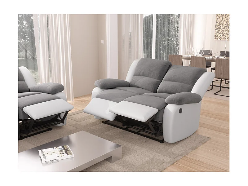 Canapé de Relaxation électrique 2 places Microfibre et Simili Léo - Blanc et gris - L143 x 93 x 96cm - Loungitude