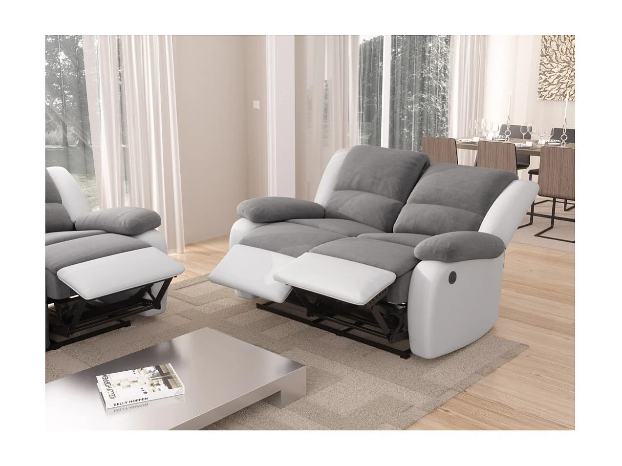 Canapé de Relaxation électrique 2 places Microfibre et Simili Léo - Blanc et gris - L143 x 93 x 96cm - Loungitude
