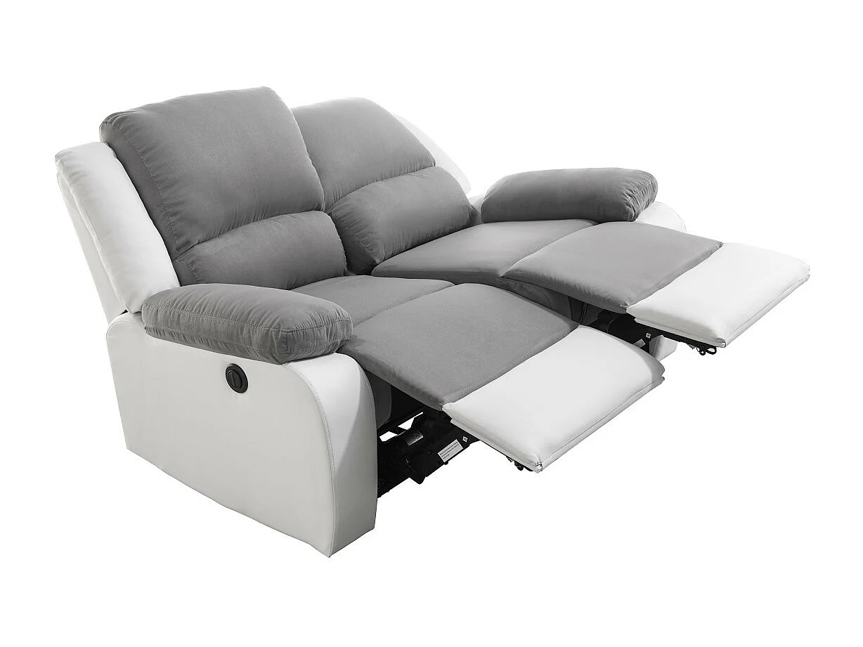 Canapé de Relaxation électrique 2 places Microfibre et Simili Léo - Blanc et gris - L143 x 93 x 96cm - Loungitude