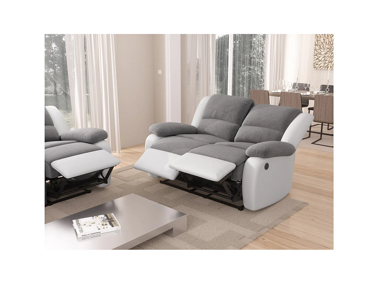 Canapé de Relaxation électrique 2 places Microfibre et Simili Léo - Blanc et gris - L143 x 93 x 96cm - Loungitude