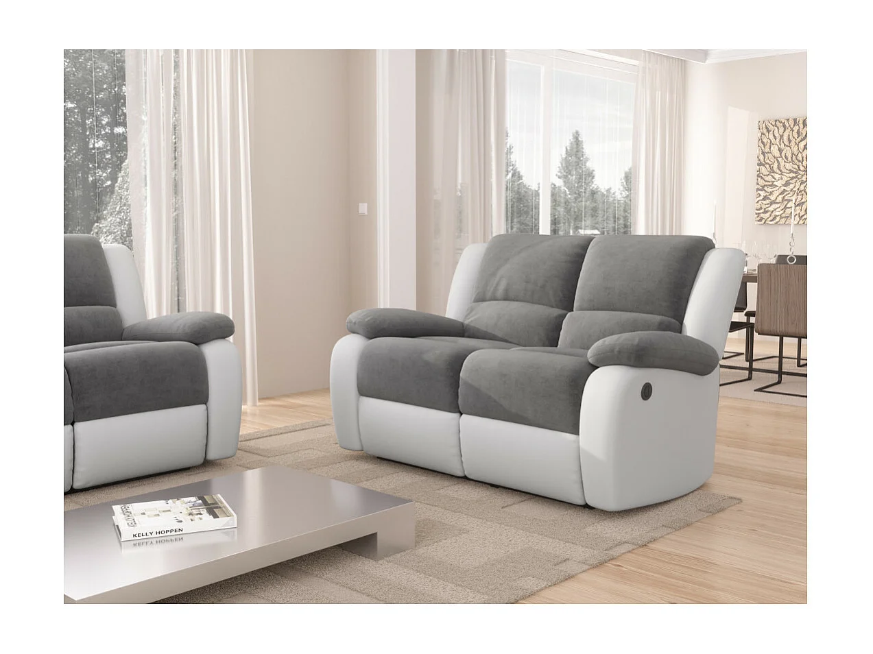 Canapé de Relaxation électrique 2 places Microfibre et Simili Léo - Blanc et gris - L143 x 93 x 96cm - Loungitude
