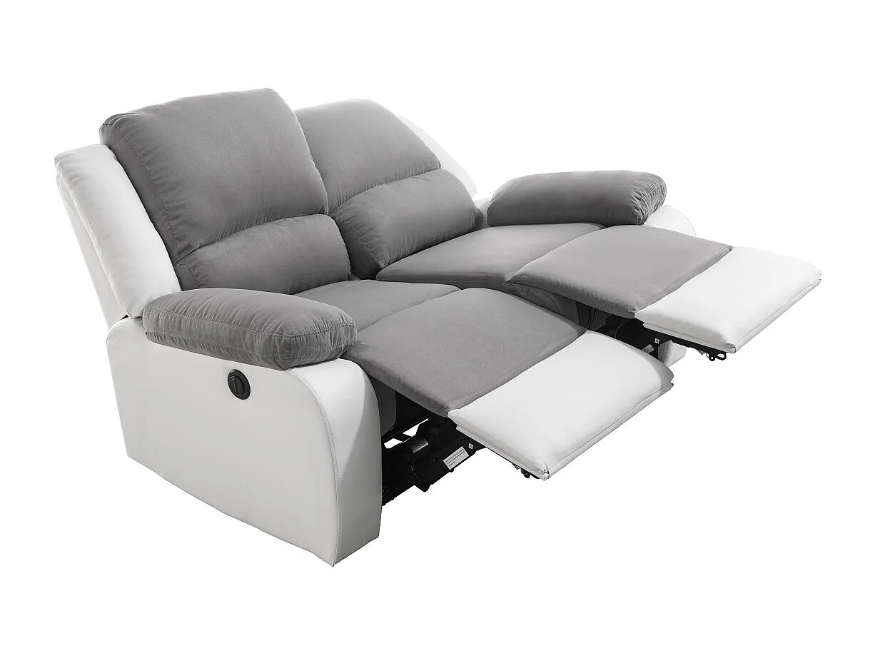 Canapé de Relaxation électrique 2 places Microfibre et Simili Léo - Blanc et gris - L143 x 93 x 96cm - Loungitude