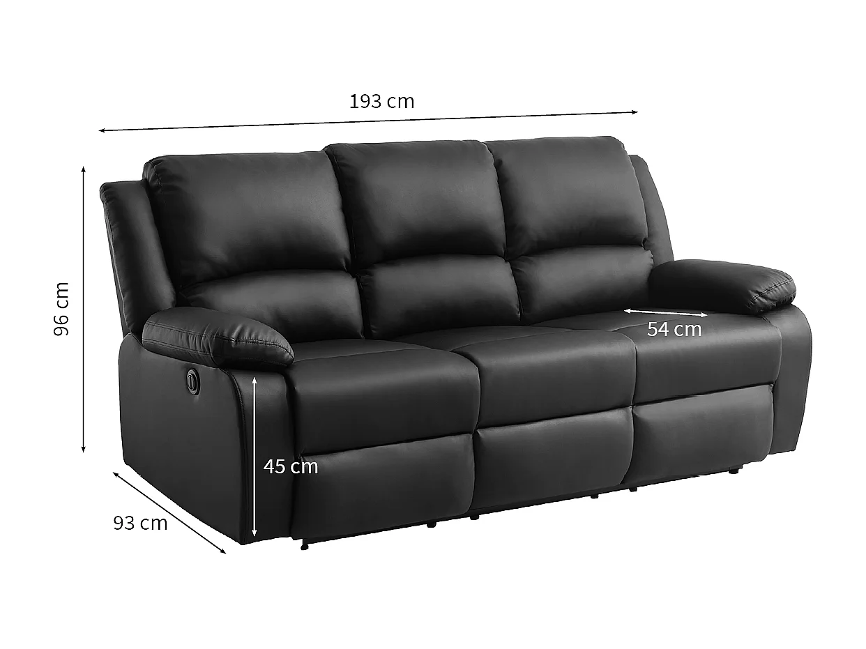 Canapé de Relaxation électrique 3 places en Simili Léo - Noir - L193 x 93 x 96cm - Loungitude