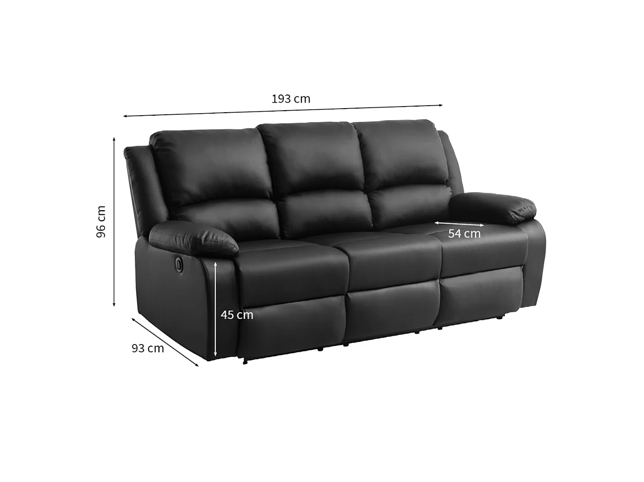 Canapé de Relaxation électrique 3 places en Simili Léo - Noir - L193 x 93 x 96cm - Loungitude