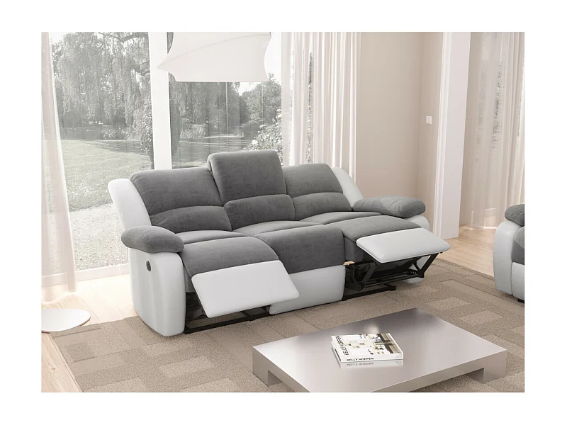 Canapé de Relaxation électrique 3 places Microfibre et Simili Léo - Blanc et gris - L193 x 93 x 96cm - Loungitude
