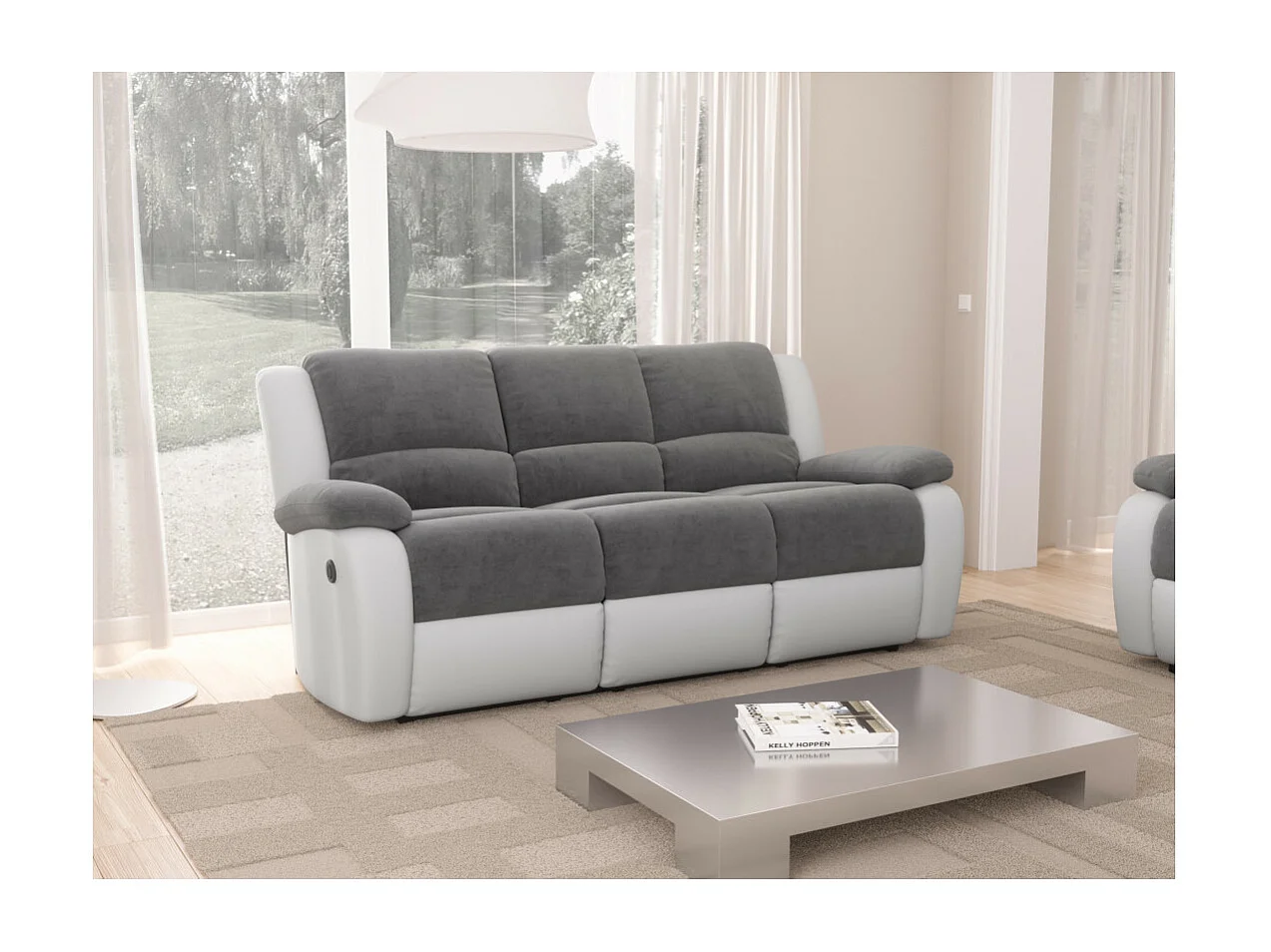 Canapé de Relaxation électrique 3 places Microfibre et Simili Léo - Blanc et gris - L193 x 93 x 96cm - Loungitude