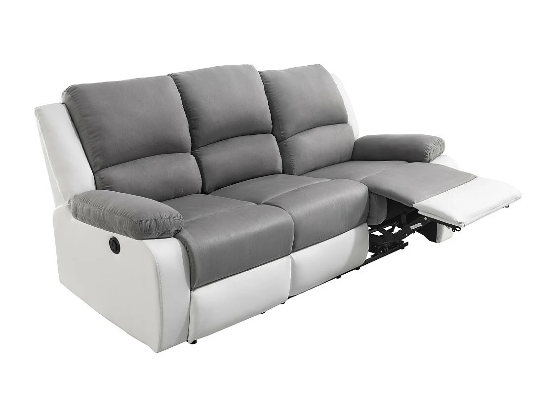 Canapé de Relaxation électrique 3 places Microfibre et Simili Léo - Blanc et gris - L193 x 93 x 96cm - Loungitude