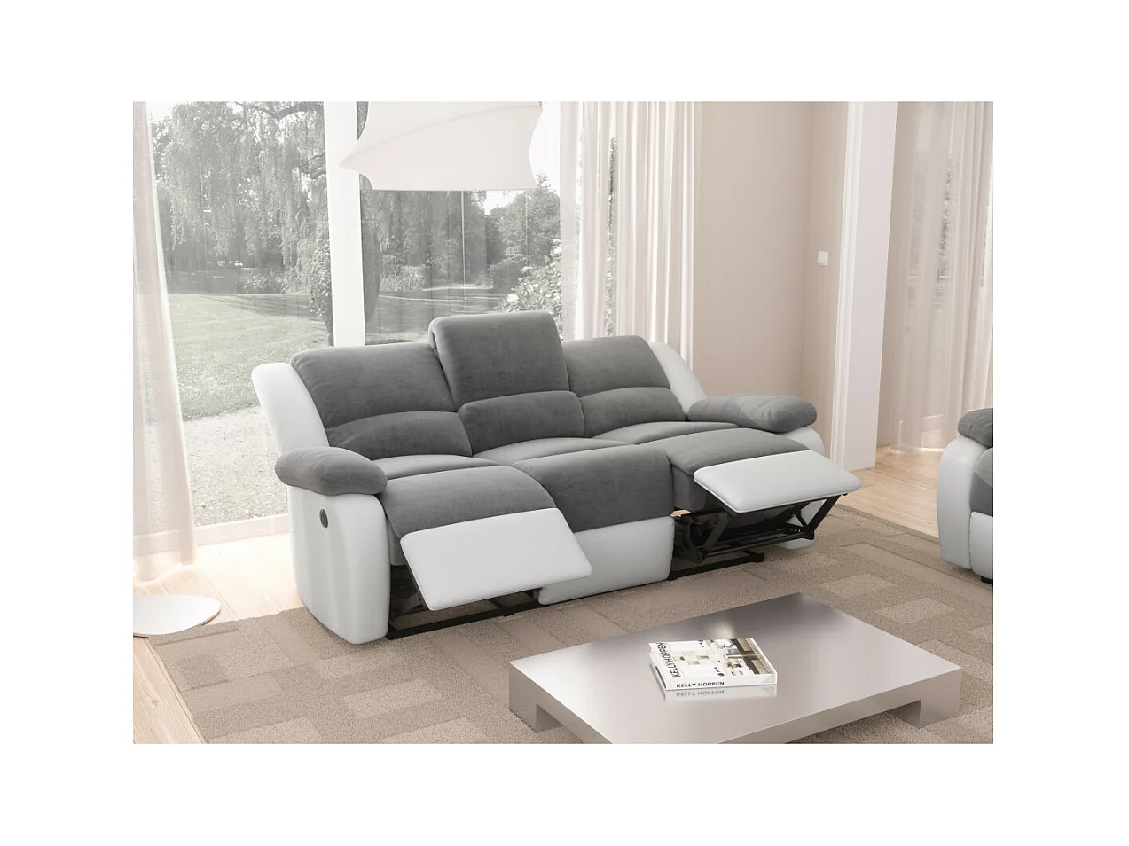 Canapé de Relaxation électrique 3 places Microfibre et Simili Léo - Blanc et gris - L193 x 93 x 96cm - Loungitude