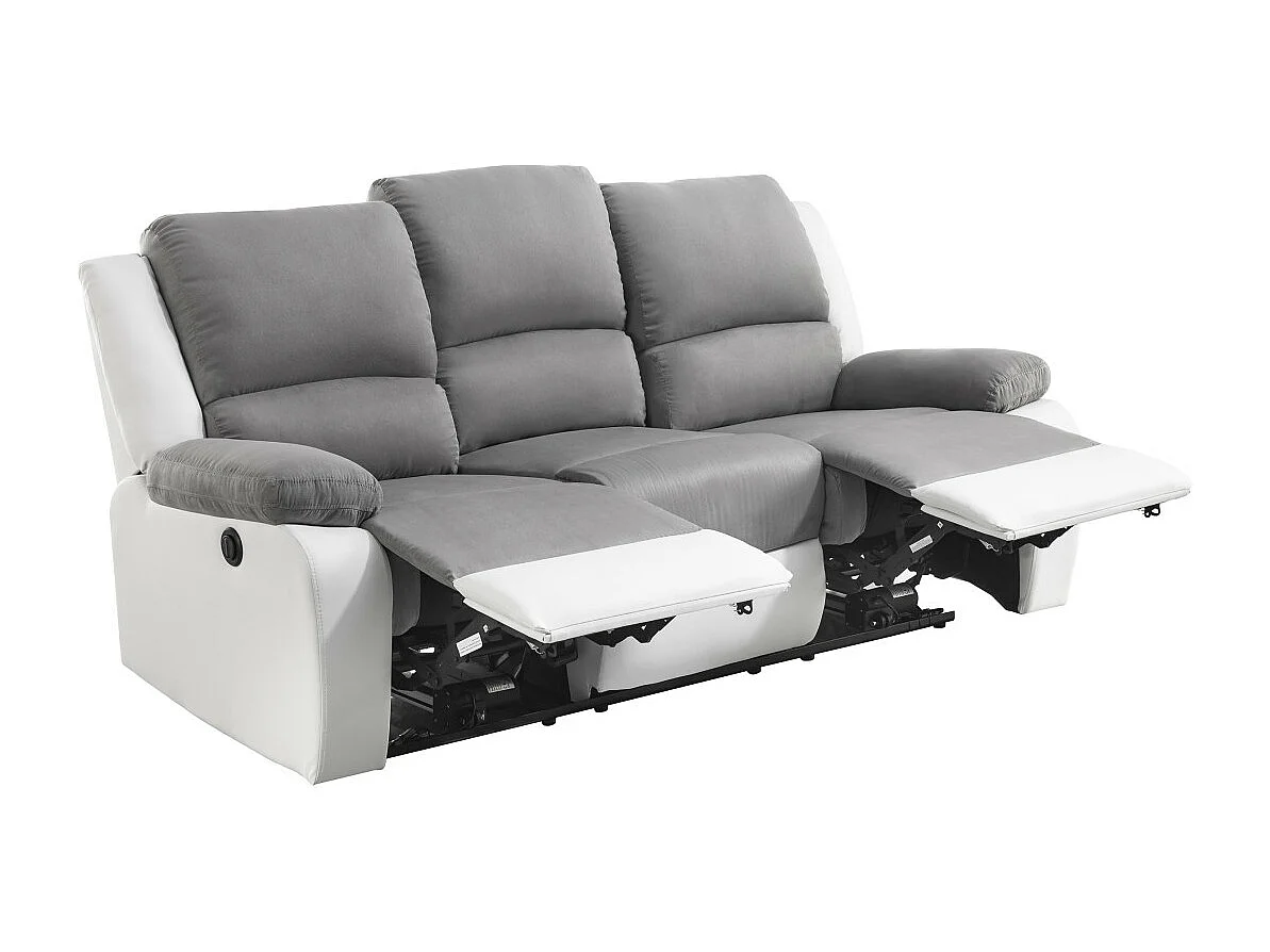 Canapé de Relaxation électrique 3 places Microfibre et Simili Léo - Blanc et gris - L193 x 93 x 96cm - Loungitude