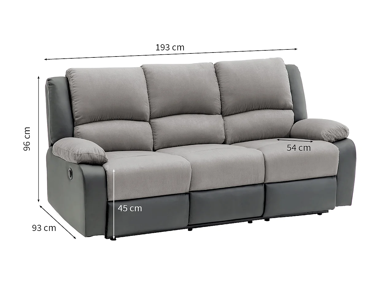 Canapé de Relaxation électrique 3 places Microfibre et Simili Léo - Blanc et gris - L193 x 93 x 96cm - Loungitude