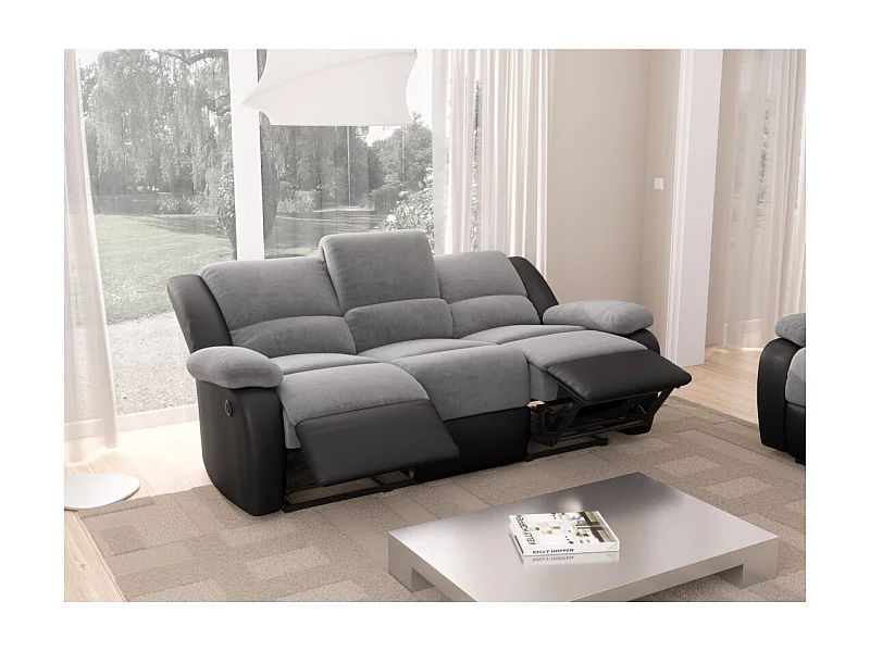 Canapé de Relaxation électrique 3 places Microfibre et Simili Léo - Noir et gris - L193 x 93 x 96cm - Loungitude